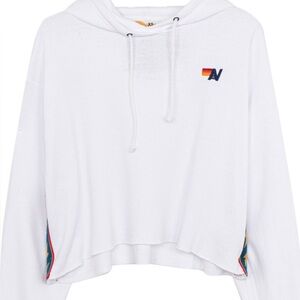 Aviator Nation White Cropped Hoodie with Rainbow Logo